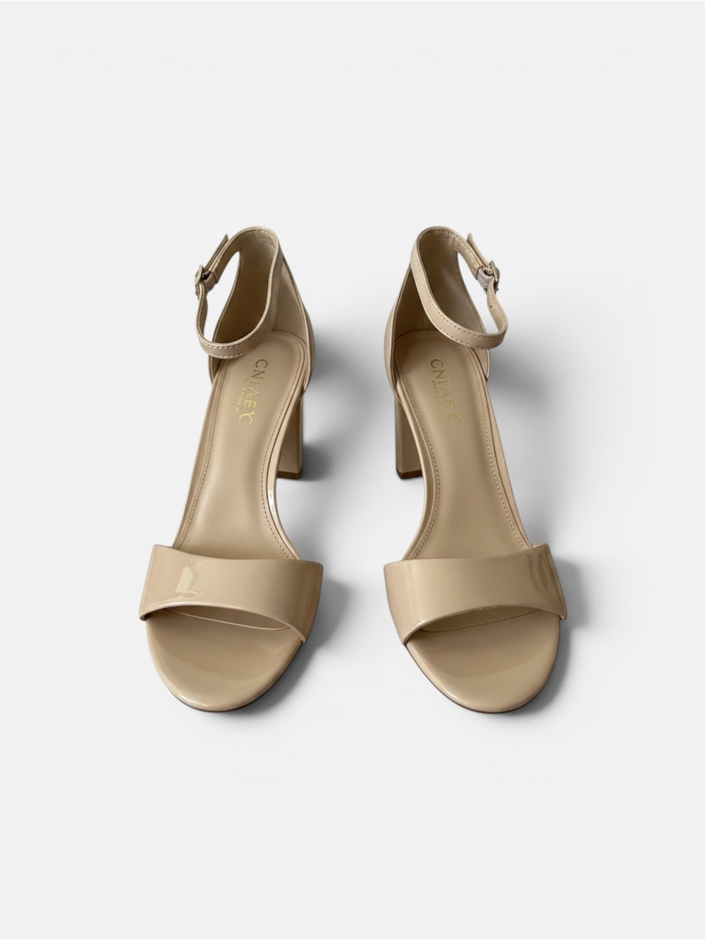 Sam Edelman Nude Patent Block Heel Sandals with Ankle Strap
